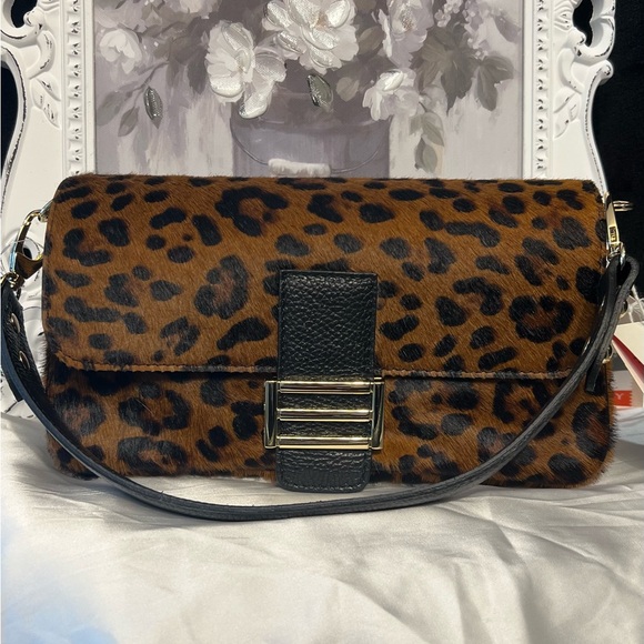 🐆Divina Firenze leopard print calf hair & leather shoulder bag🐆NWT - Picture 5 of 14